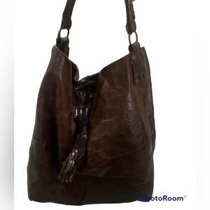 TANO Brown Distress Leather Studded Large Hobo Shoulder‎ Handbag Tote